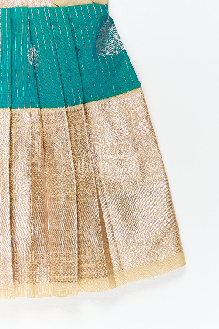 Girls Kanchivaram Silk Small Border Silk Frock with Green Waist and Pintuck Embellished Yoke