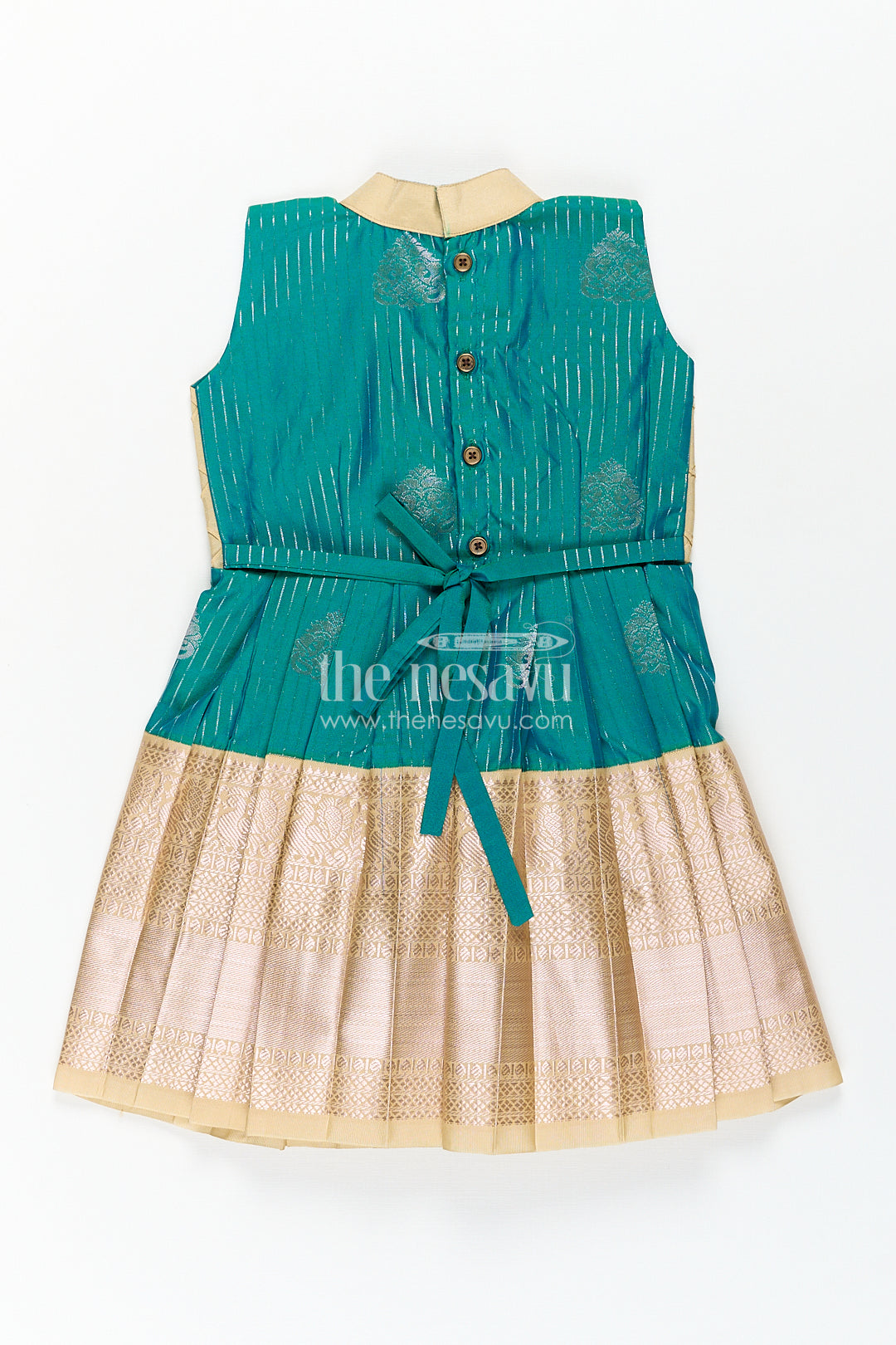 Girls Kanchivaram Silk Small Border Silk Frock with Green Waist and Pintuck Embellished Yoke