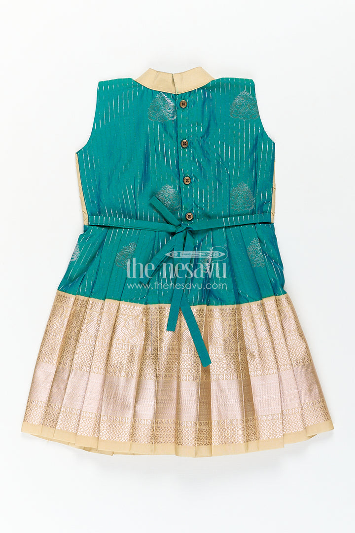 Girls Kanchivaram Silk Small Border Silk Frock with Green Waist and Pintuck Embellished Yoke