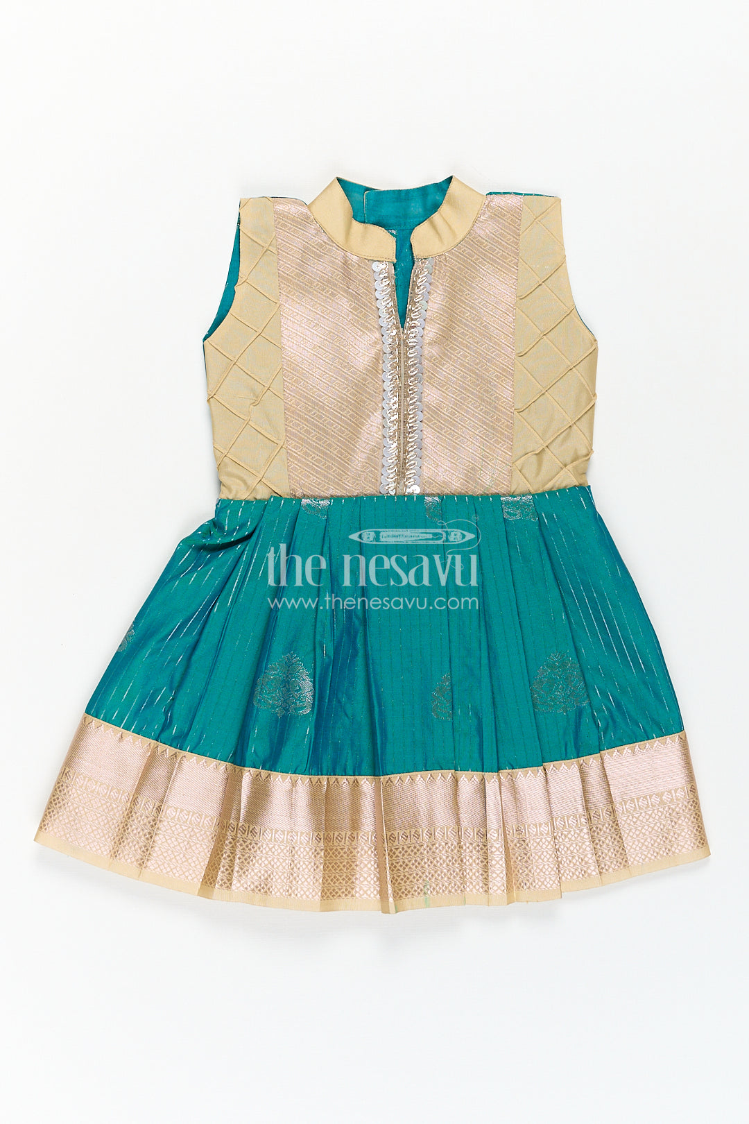 Girls Kanchivaram Silk Small Border Silk Frock with Green Waist and Pintuck Embellished Yoke