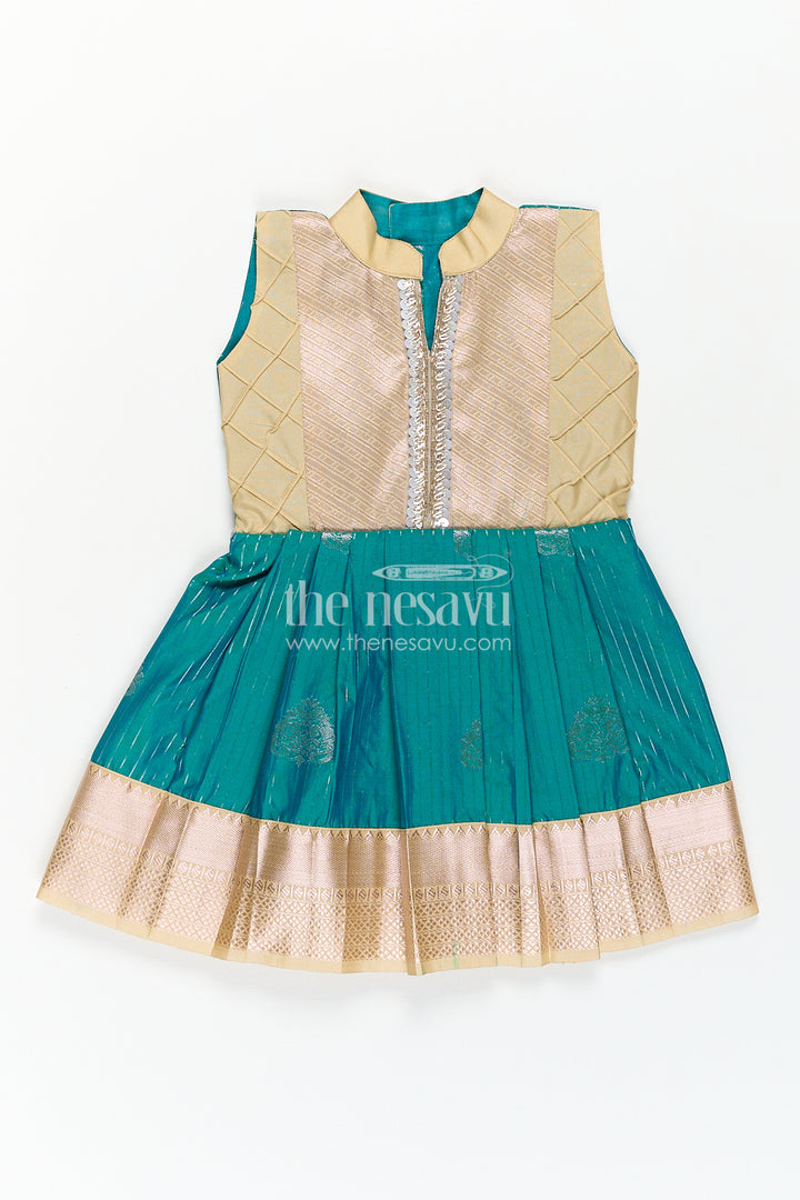 Girls Kanchivaram Silk Small Border Silk Frock with Green Waist and Pintuck Embellished Yoke