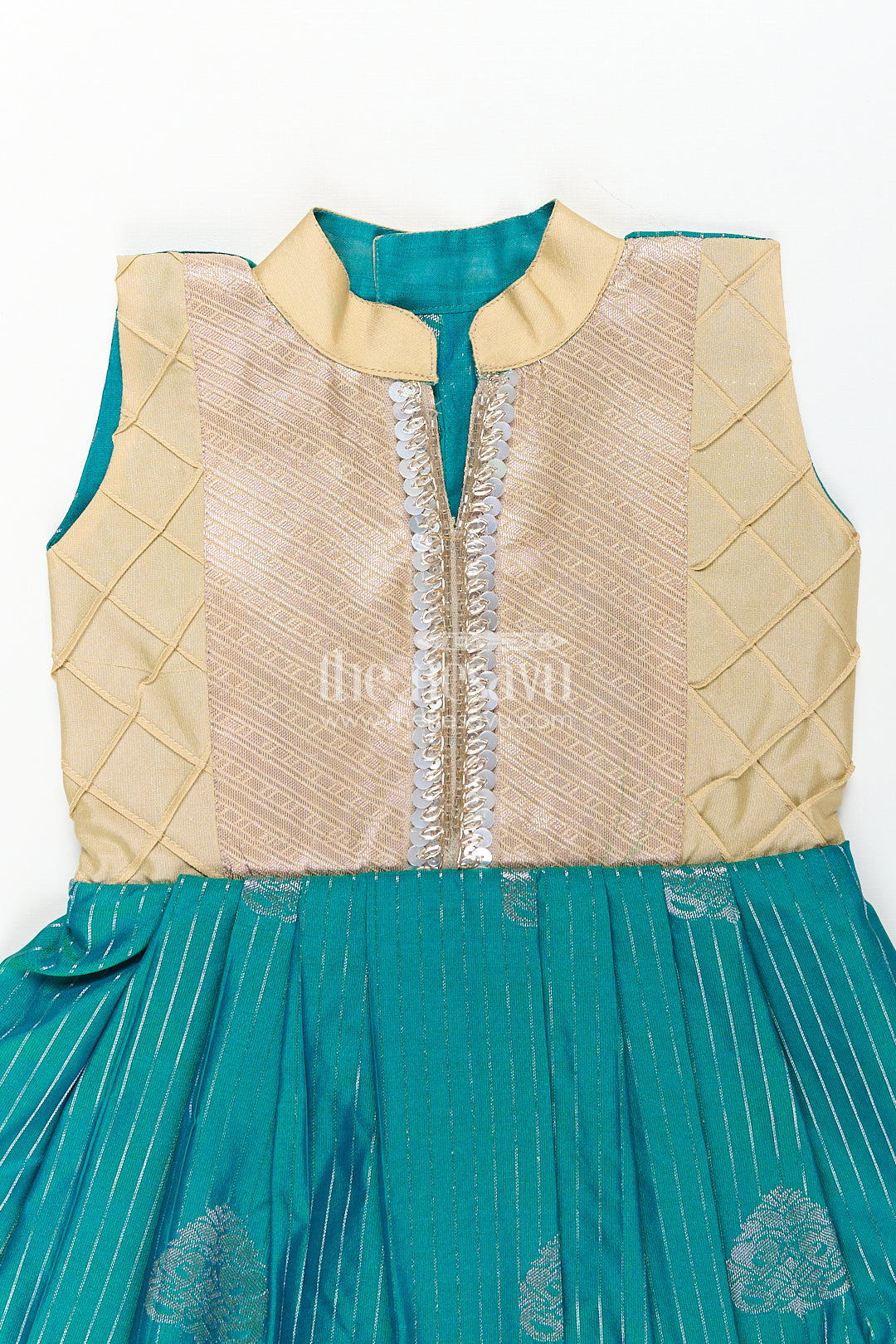 Girls Kanchivaram Silk Small Border Silk Frock with Green Waist and Pintuck Embellished Yoke
