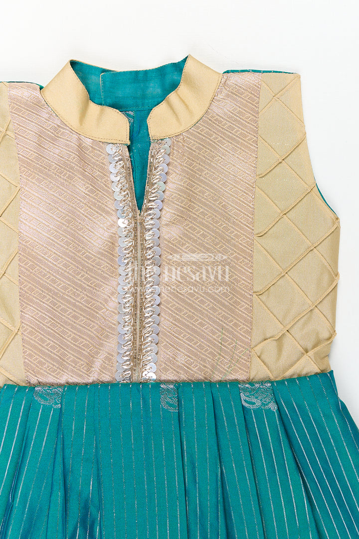 Girls Kanchivaram Silk Small Border Silk Frock with Green Waist and Pintuck Embellished Yoke