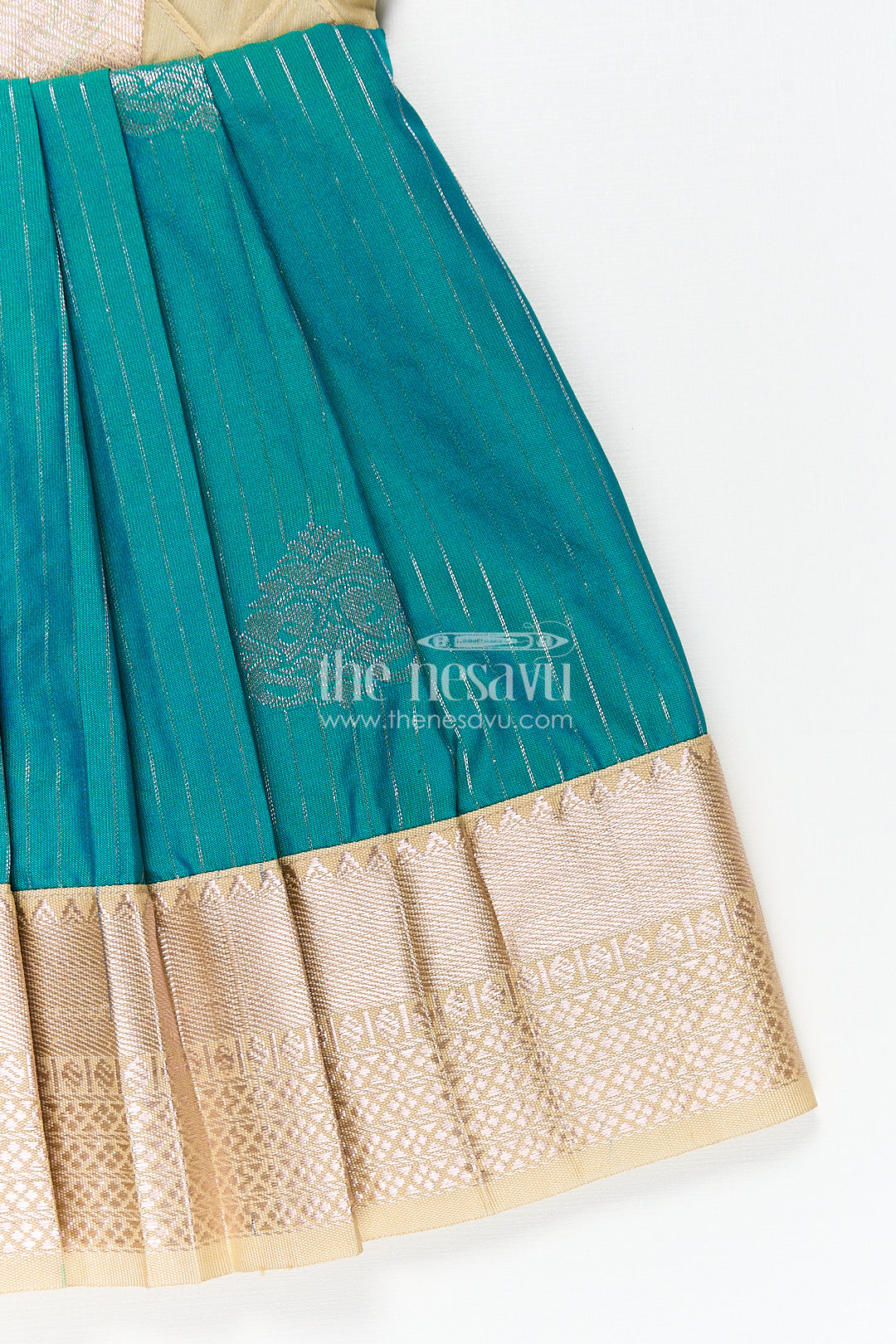 Girls Kanchivaram Silk Small Border Silk Frock with Green Waist and Pintuck Embellished Yoke