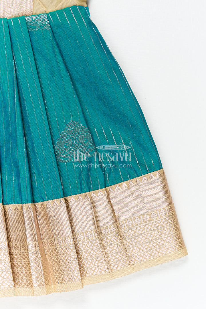 Girls Kanchivaram Silk Small Border Silk Frock with Green Waist and Pintuck Embellished Yoke