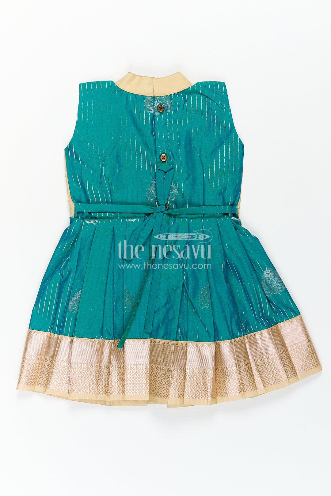 Girls Kanchivaram Silk Small Border Silk Frock with Green Waist and Pintuck Embellished Yoke