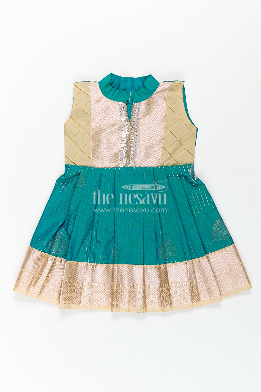Girls Kanchivaram Silk Small Border Silk Frock with Green Waist and Pintuck Embellished Yoke