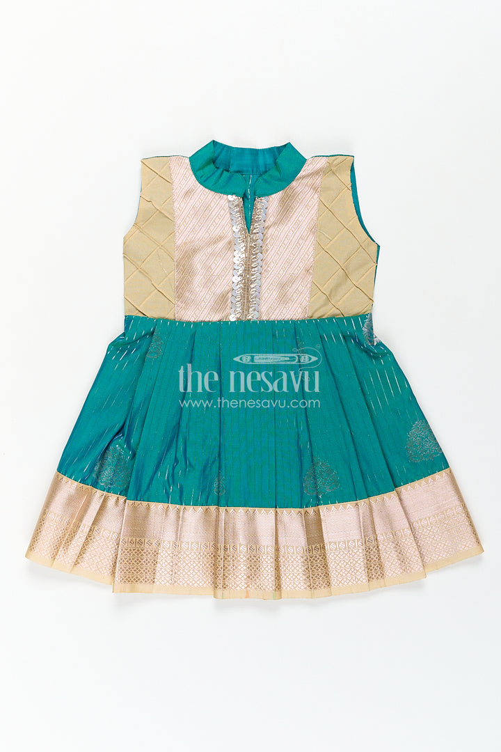 Girls Kanchivaram Silk Small Border Silk Frock with Green Waist and Pintuck Embellished Yoke