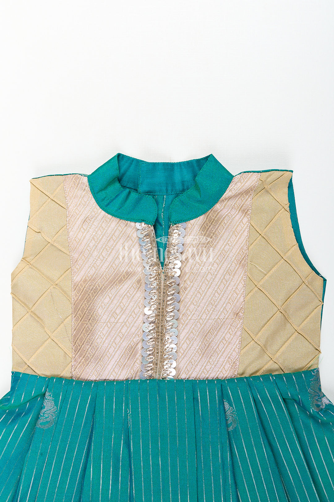 Girls Kanchivaram Silk Small Border Silk Frock with Green Waist and Pintuck Embellished Yoke