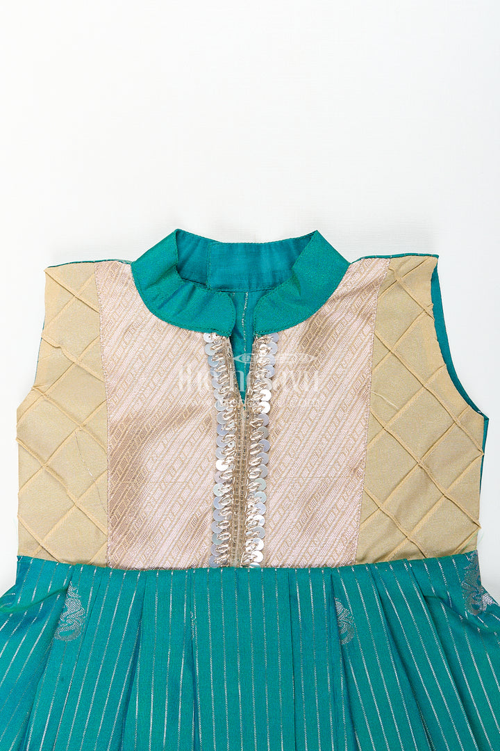 Girls Kanchivaram Silk Small Border Silk Frock with Green Waist and Pintuck Embellished Yoke