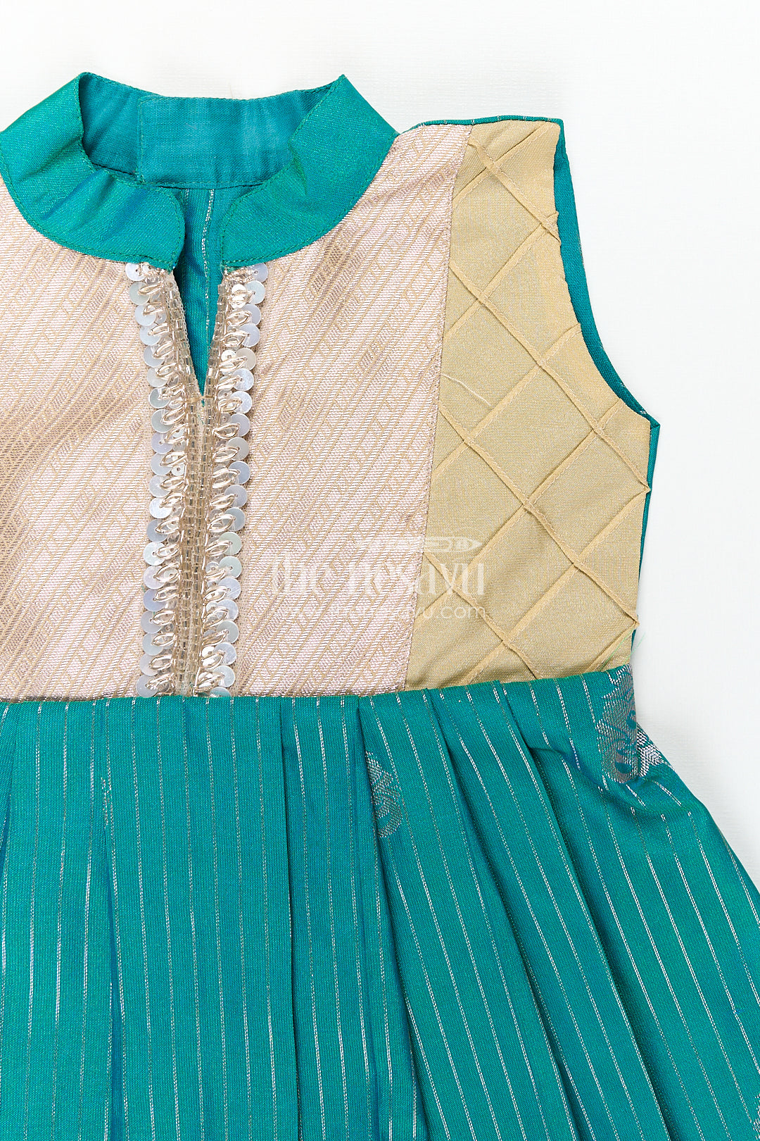Girls Kanchivaram Silk Small Border Silk Frock with Green Waist and Pintuck Embellished Yoke
