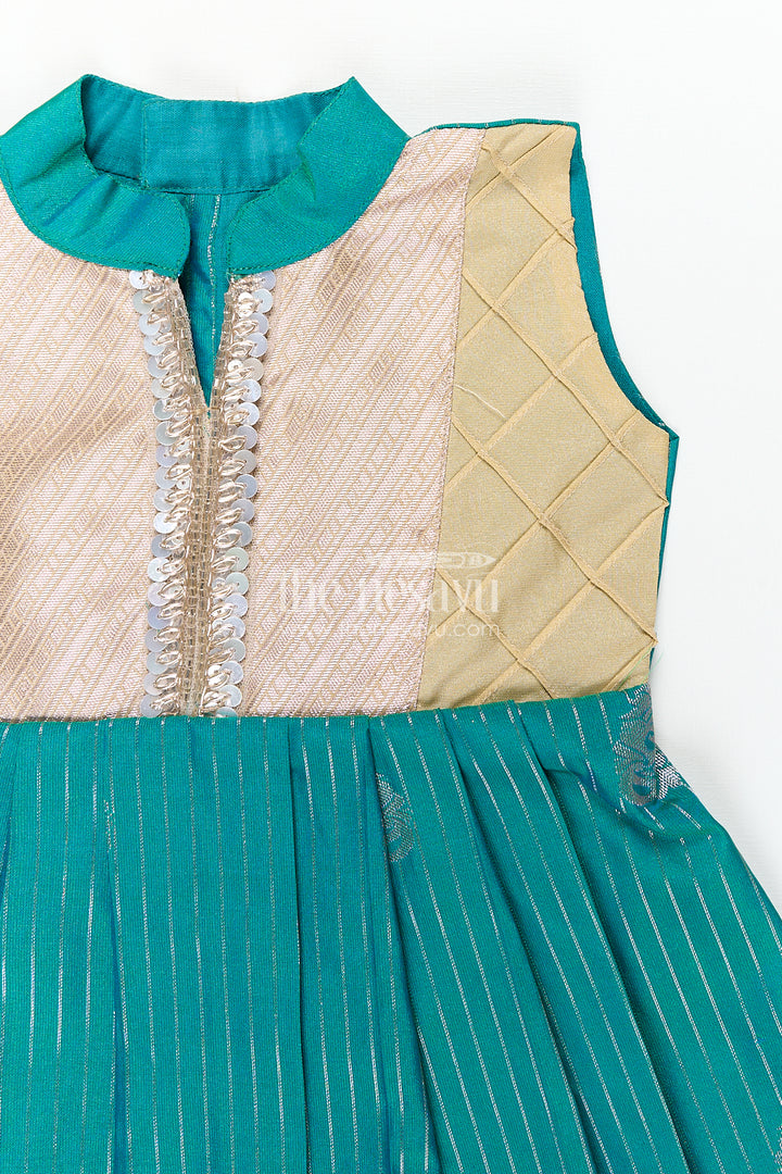 Girls Kanchivaram Silk Small Border Silk Frock with Green Waist and Pintuck Embellished Yoke