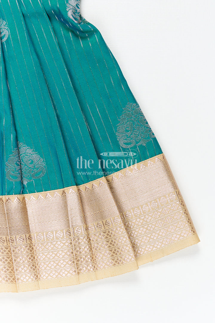Girls Kanchivaram Silk Small Border Silk Frock with Green Waist and Pintuck Embellished Yoke