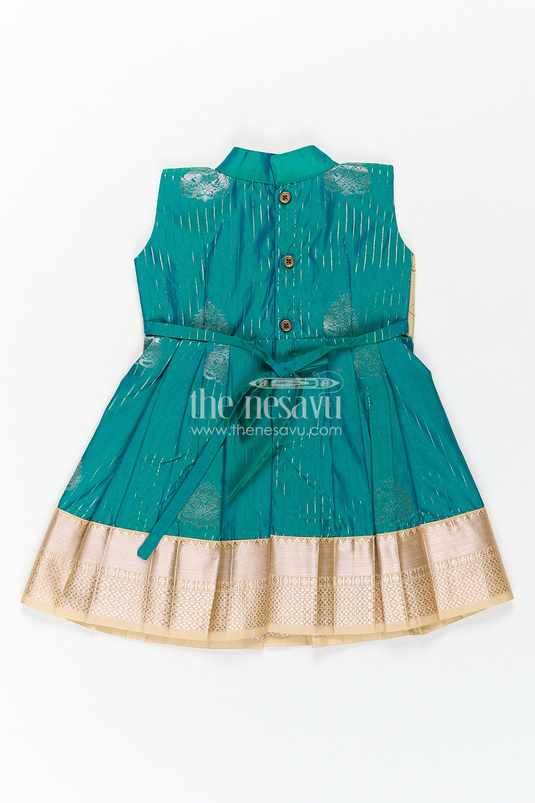 Girls Kanchivaram Silk Small Border Silk Frock with Green Waist and Pintuck Embellished Yoke