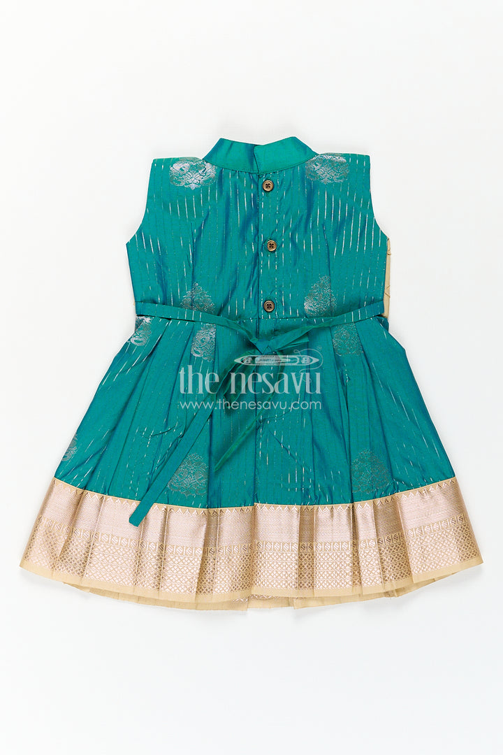 Girls Kanchivaram Silk Small Border Silk Frock with Green Waist and Pintuck Embellished Yoke