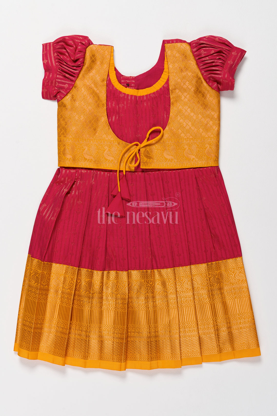 Royal Magenta and Yellow Girls Kanchi Gown Silk Frock with Golden Threadwork