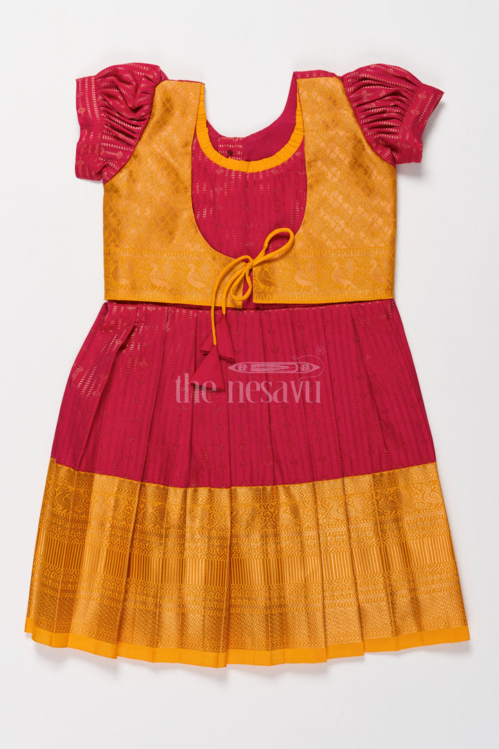 Royal Magenta and Yellow Girls Kanchi Gown Silk Frock with Golden Threadwork