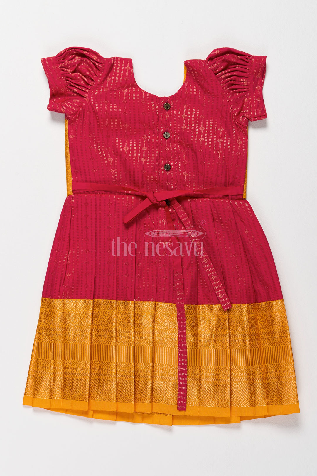 Royal Magenta and Yellow Girls Kanchi Gown Silk Frock with Golden Threadwork