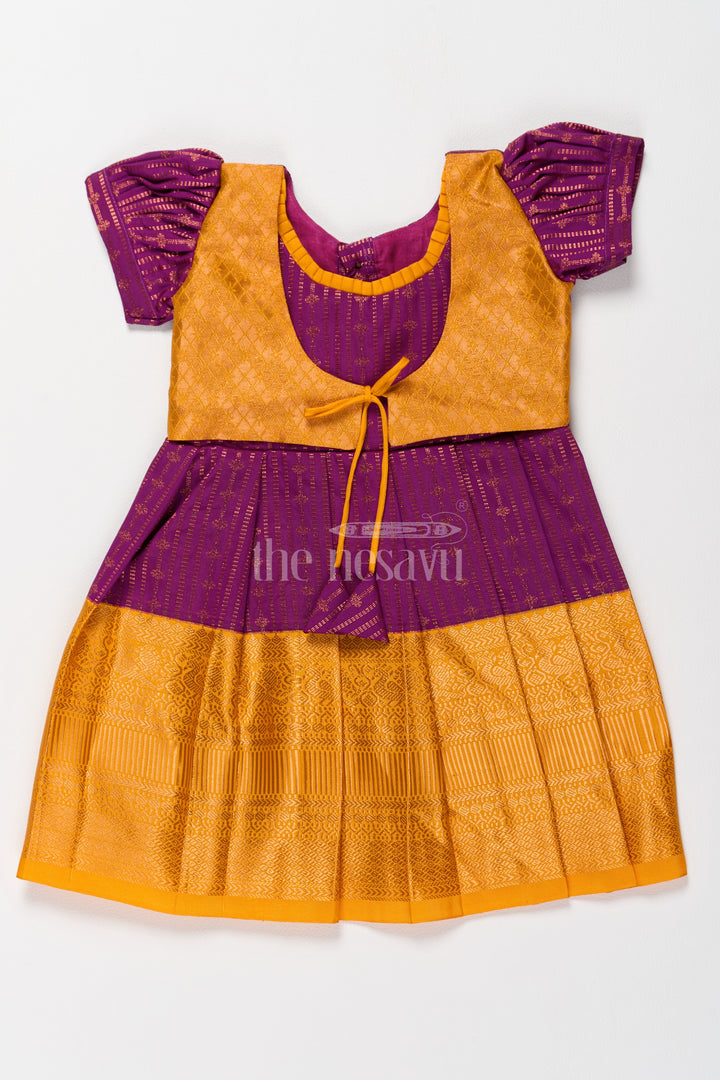 Mustard Yellow Girls Kanchi Pongal Dress with Brocade Accents and Zari Borders