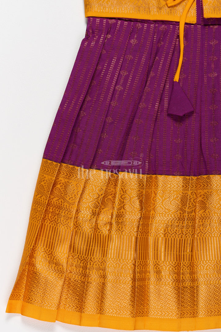 Mustard Yellow Girls Kanchi Pongal Dress with Brocade Accents and Zari Borders