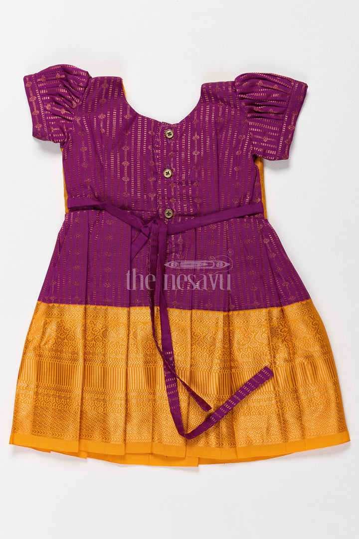 Mustard Yellow Girls Kanchi Pongal Dress with Brocade Accents and Zari Borders