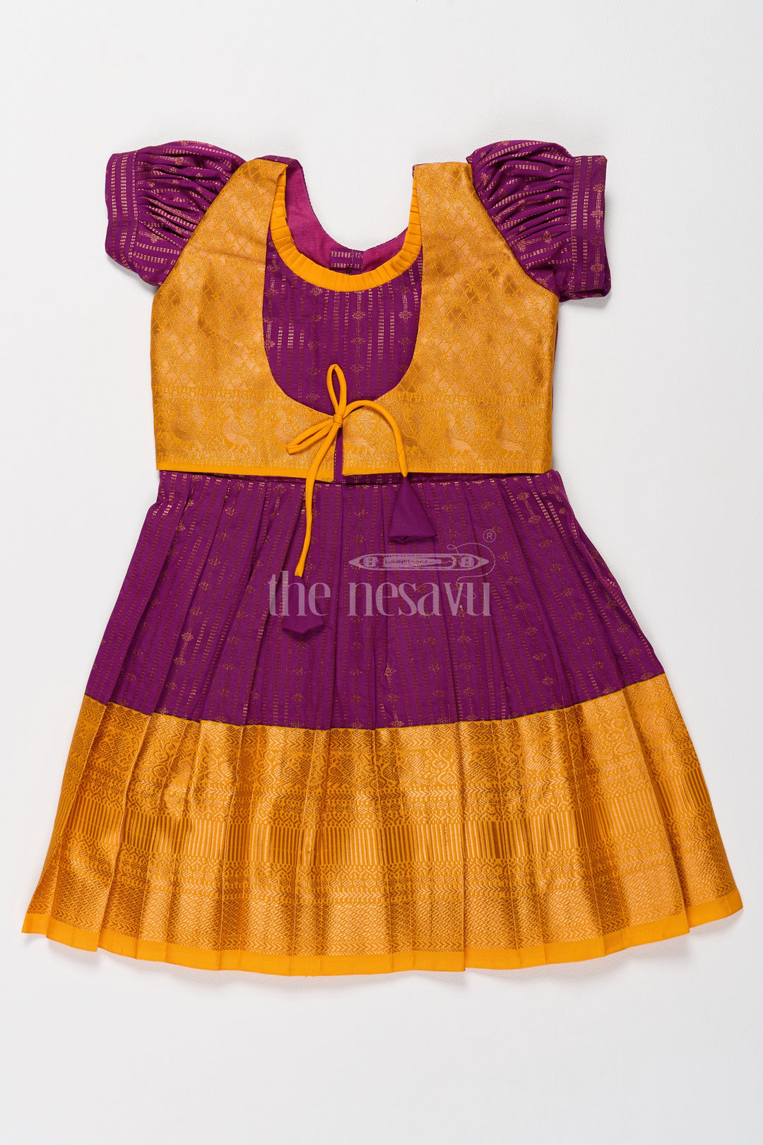 Mustard Yellow Girls Kanchi Pongal Dress with Brocade Accents and Zari Borders