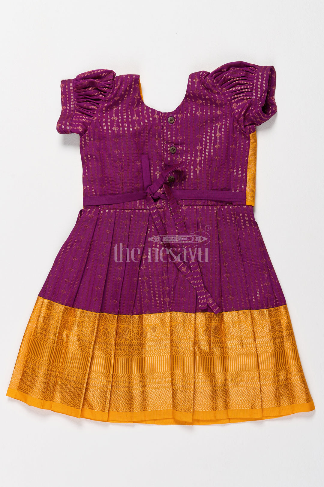 Mustard Yellow Girls Kanchi Pongal Dress with Brocade Accents and Zari Borders