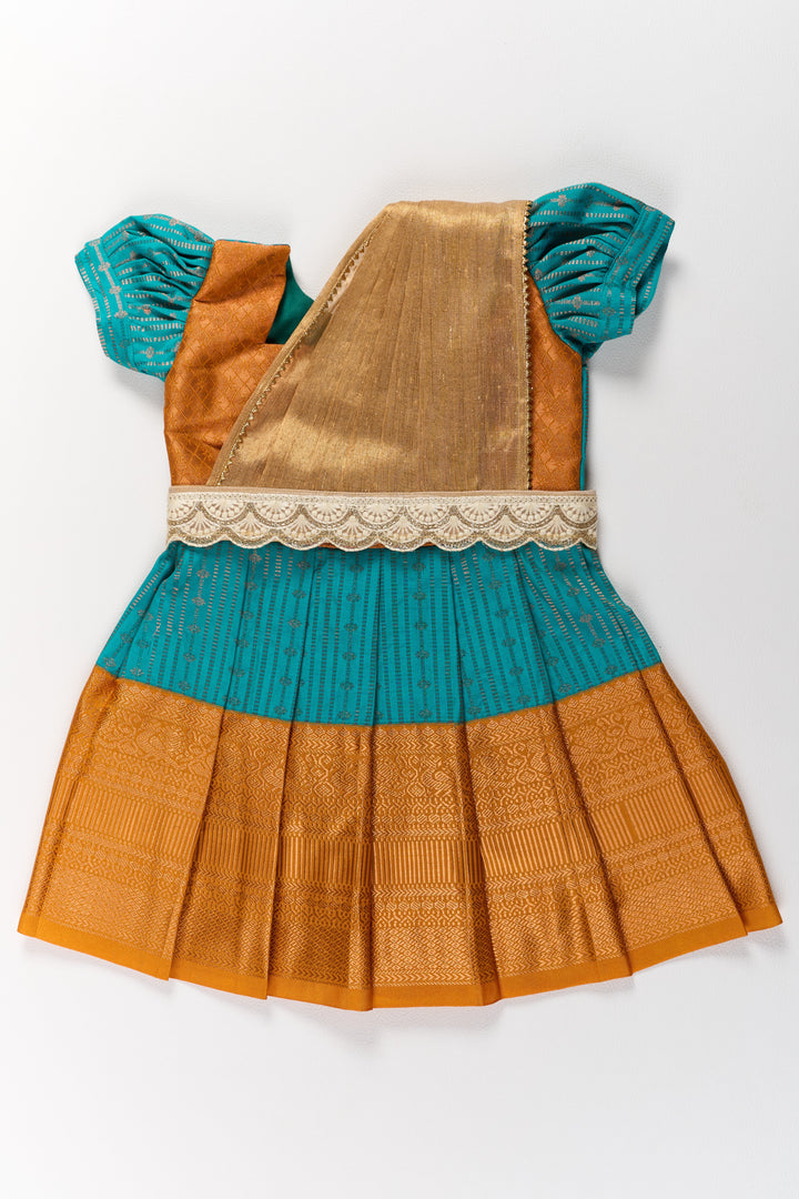 Traditional Green and Gold Pattu Pavadai for Girls with Intricate Zari Borders