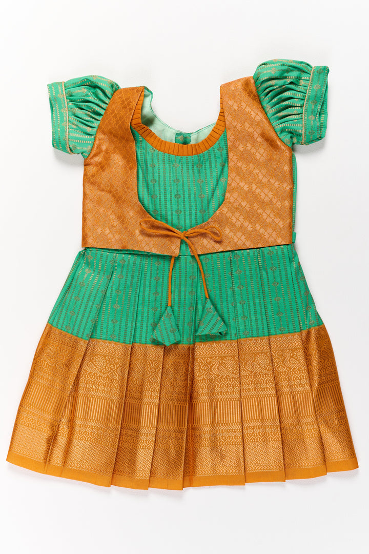 Elegant Green and Gold Pattu Full Frock for Girls with Traditional Zari Weaving