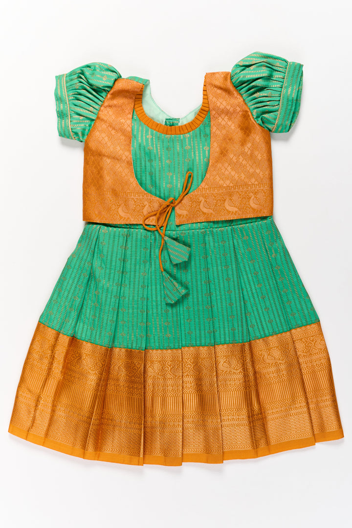 Elegant Green and Gold Pattu Full Frock for Girls with Traditional Zari Weaving