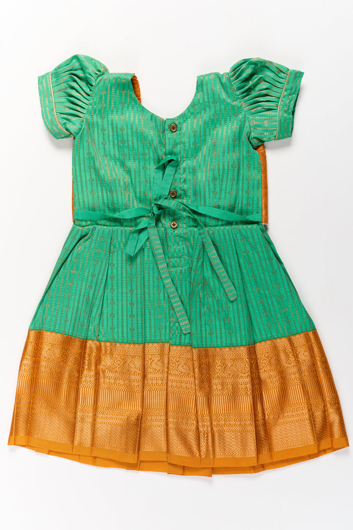 Elegant Green and Gold Pattu Full Frock for Girls with Traditional Zari Weaving