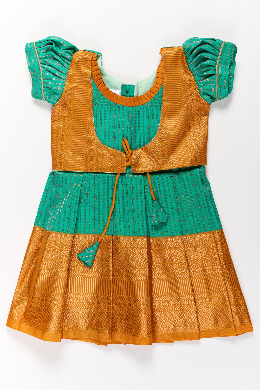 Elegant Green and Gold Pattu Full Frock for Girls with Traditional Zari Weaving