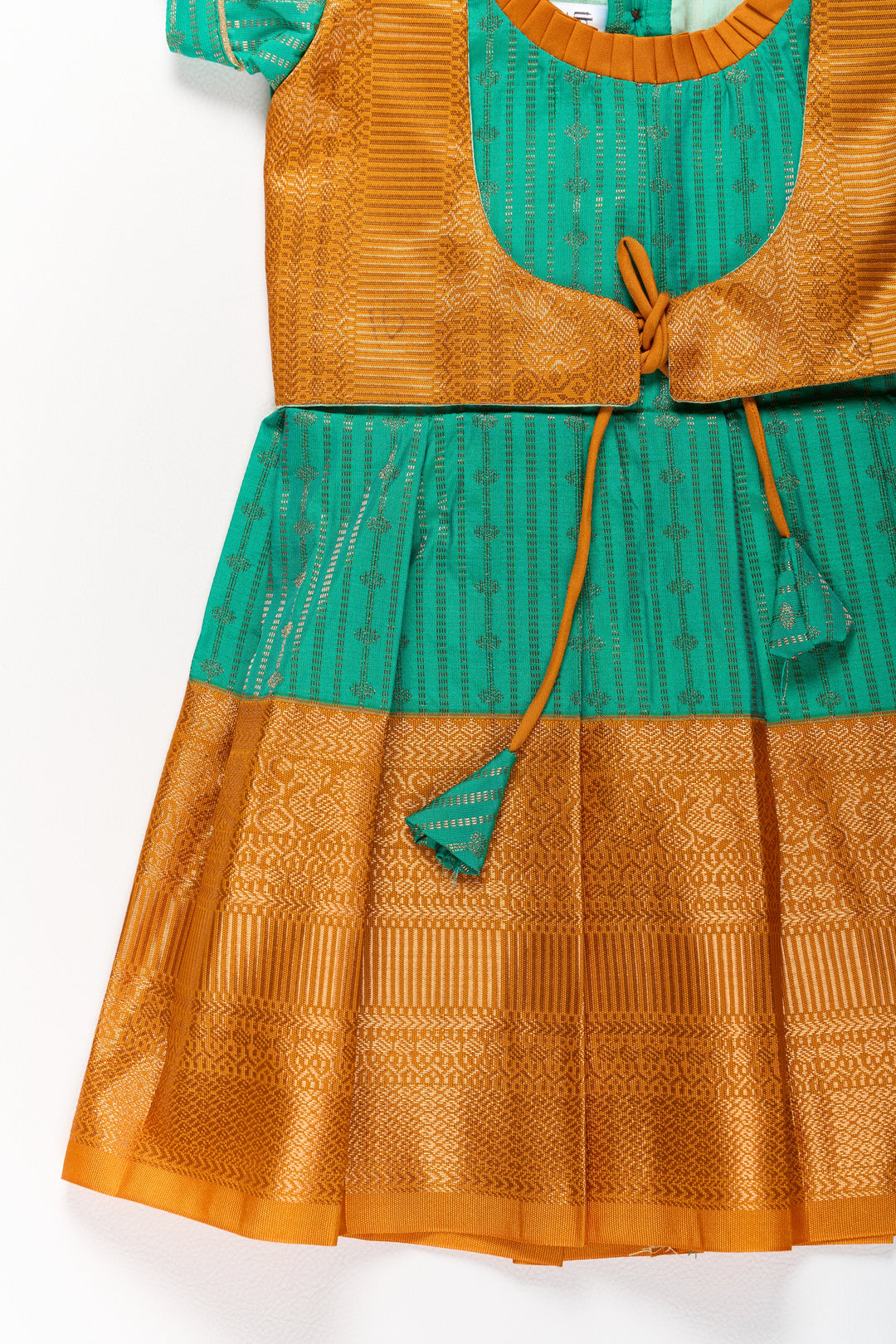 Elegant Green and Gold Pattu Full Frock for Girls with Traditional Zari Weaving