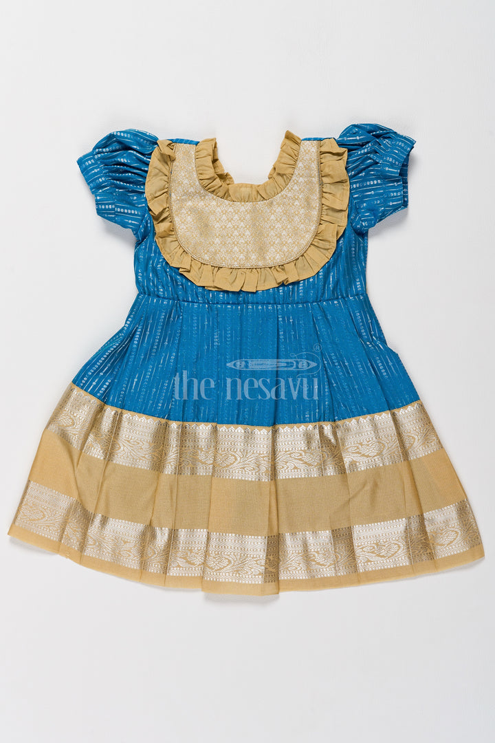 Exquisite Blue and Gold Kanchi Silk Frock for Girls’ Pongal Celebrations