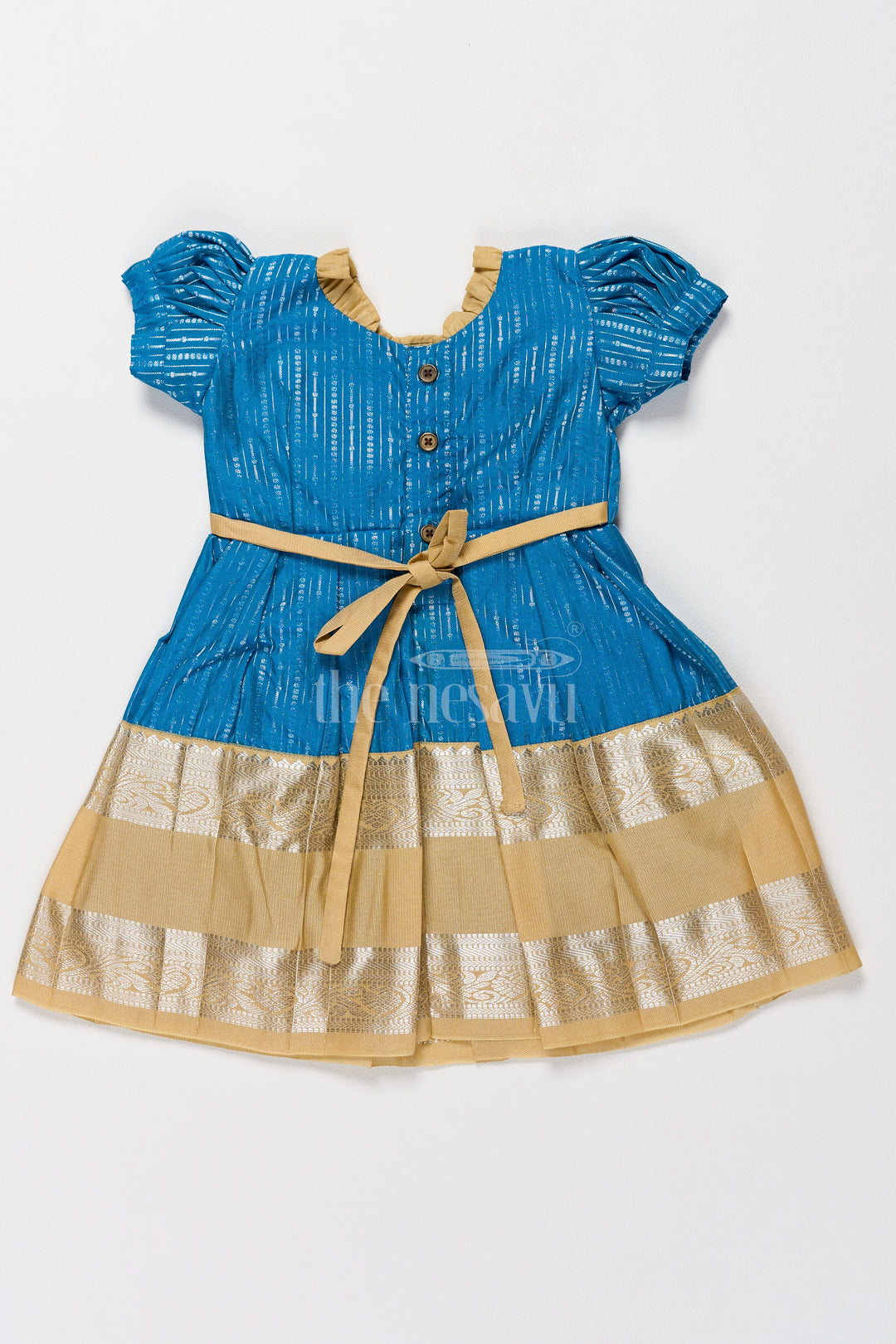 Exquisite Blue and Gold Kanchi Silk Frock for Girls’ Pongal Celebrations