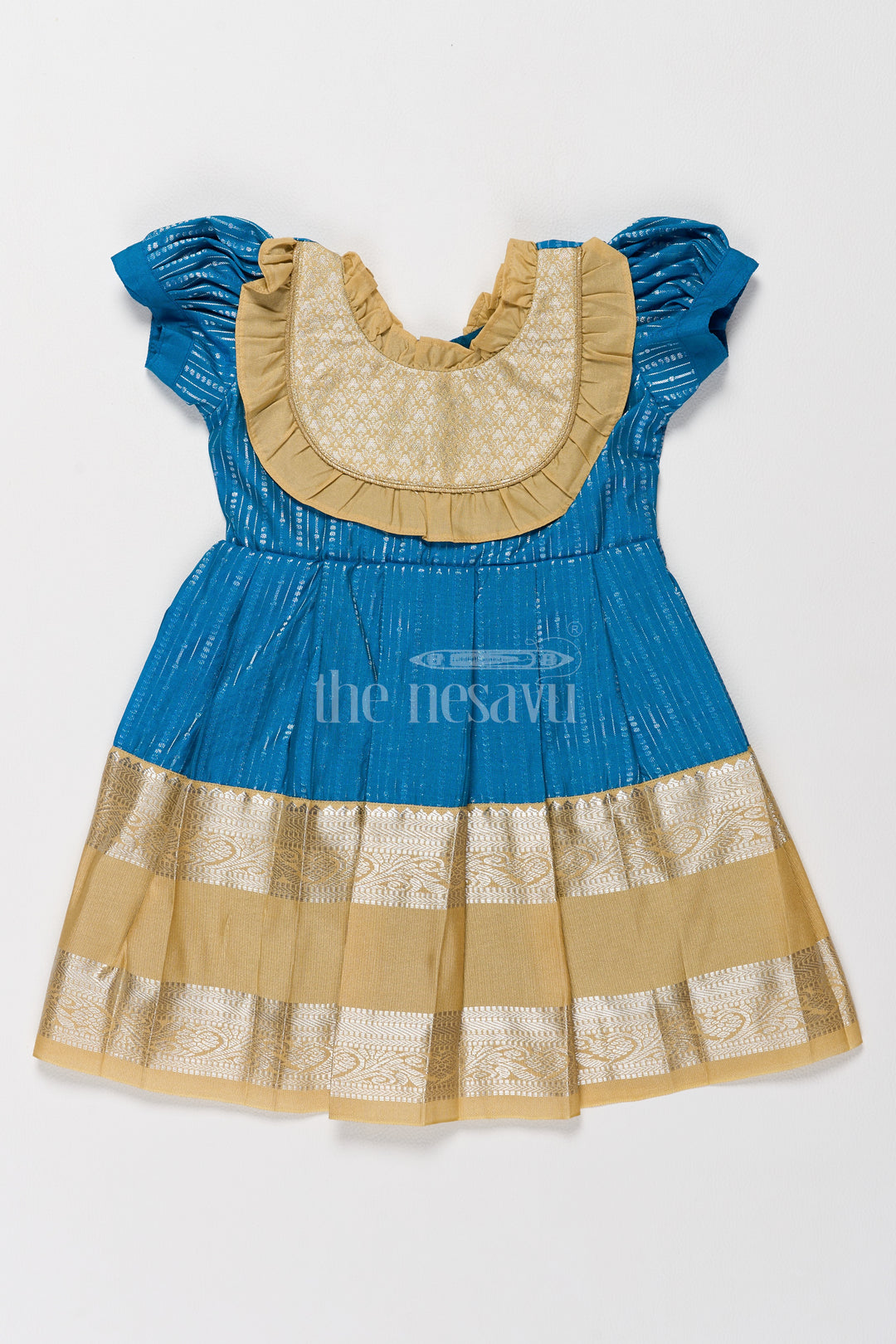 Exquisite Blue and Gold Kanchi Silk Frock for Girls’ Pongal Celebrations