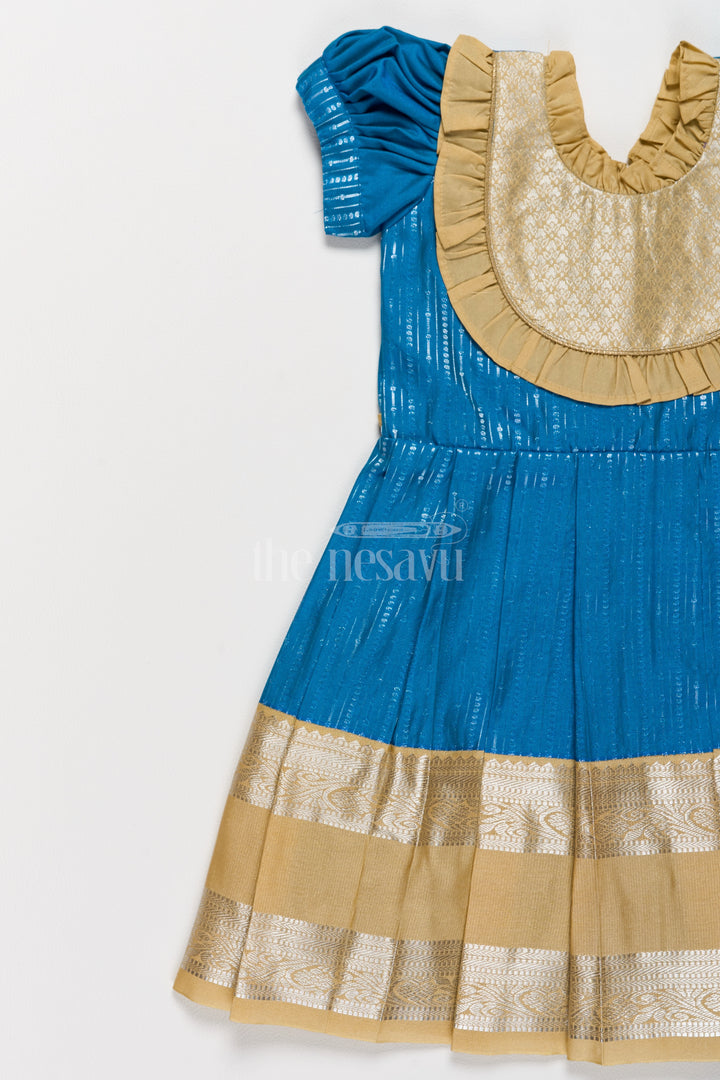 Exquisite Blue and Gold Kanchi Silk Frock for Girls’ Pongal Celebrations