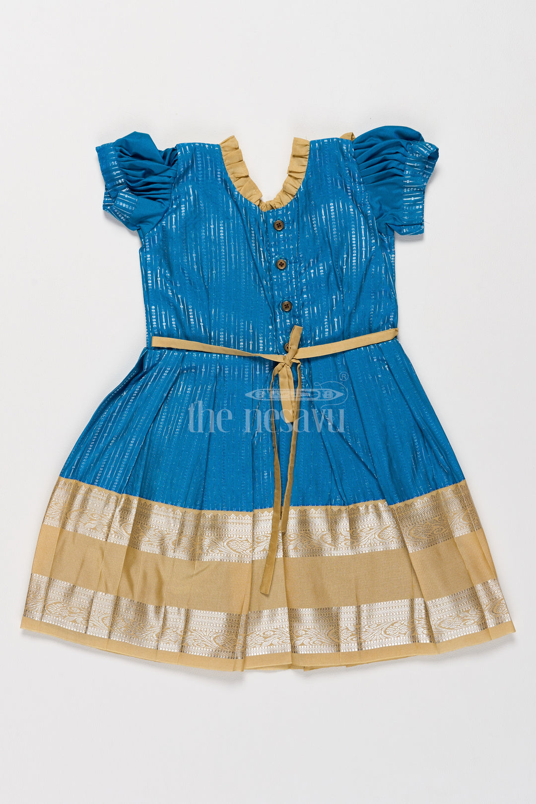 Exquisite Blue and Gold Kanchi Silk Frock for Girls’ Pongal Celebrations