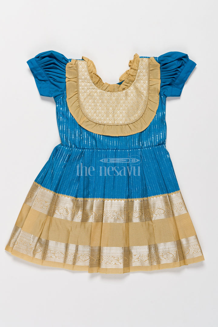 Exquisite Blue and Gold Kanchi Silk Frock for Girls’ Pongal Celebrations