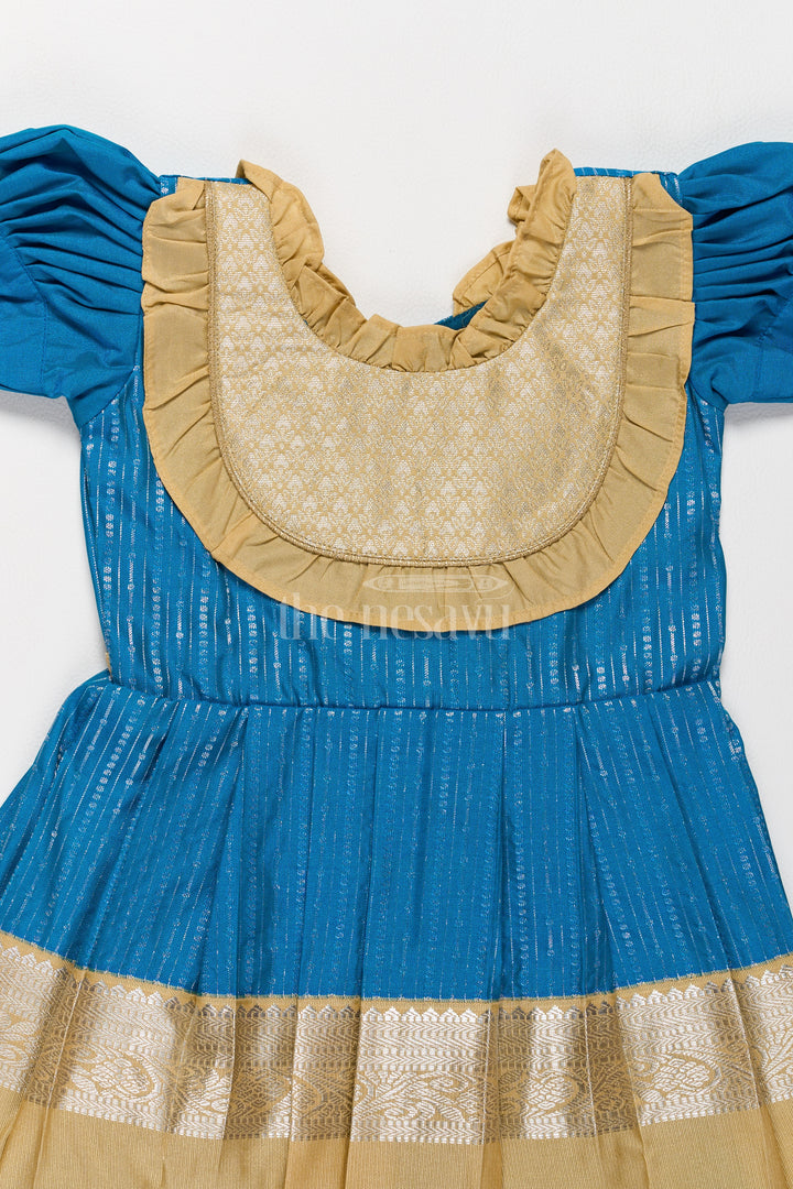 Exquisite Blue and Gold Kanchi Silk Frock for Girls’ Pongal Celebrations