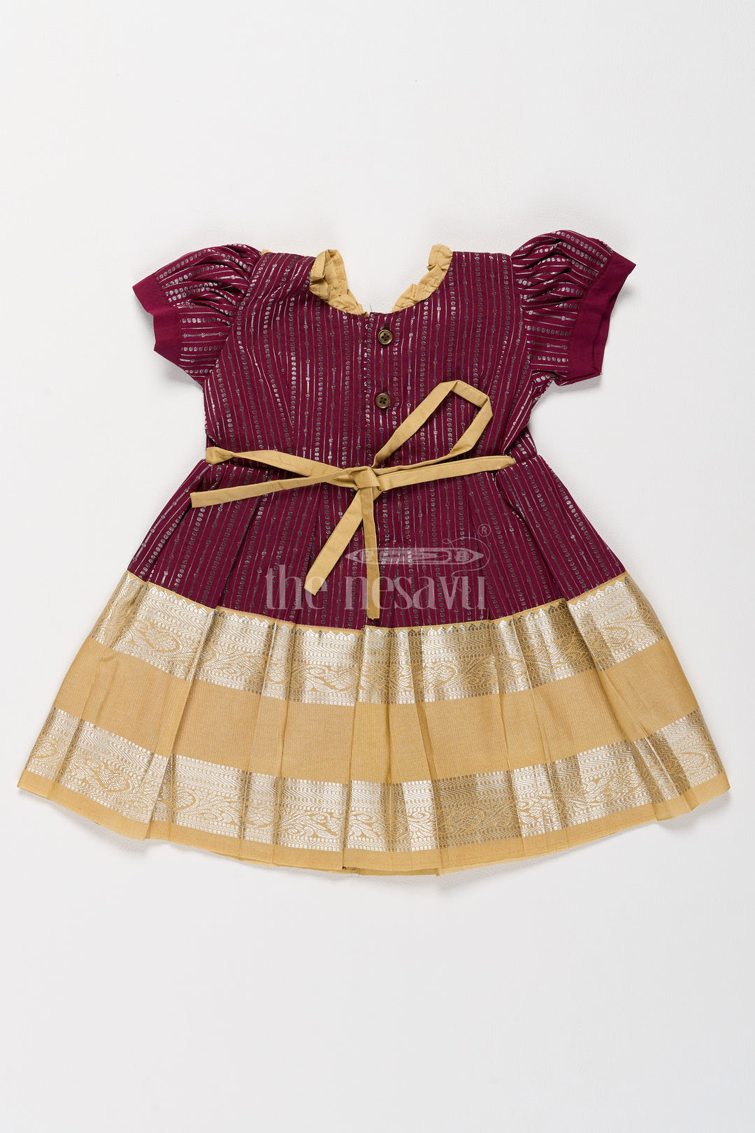 Traditional Girls Kanchi Silk Frock in Rich Maroon with Lustrous Golden Border