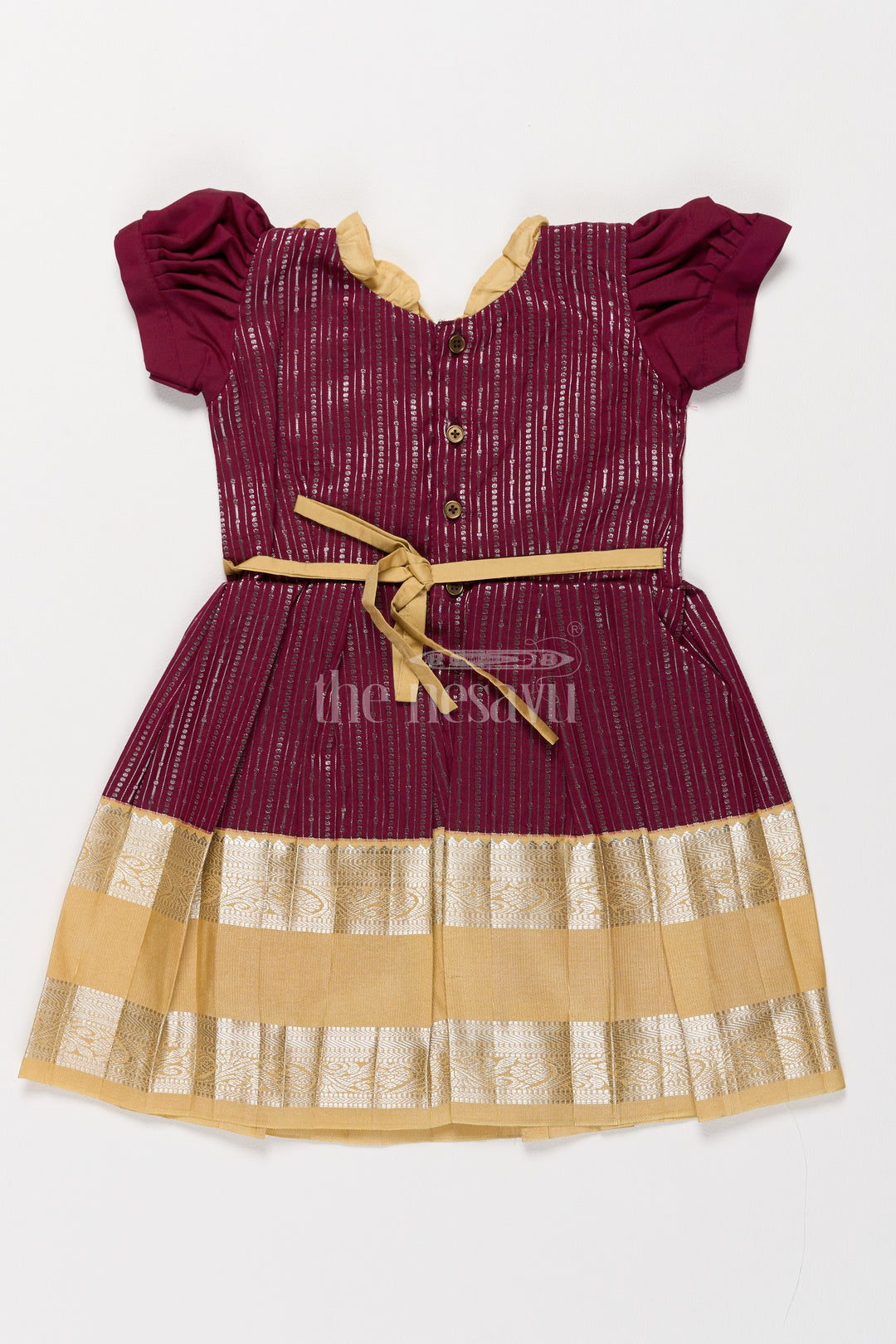 Traditional Girls Kanchi Silk Frock in Rich Maroon with Lustrous Golden Border