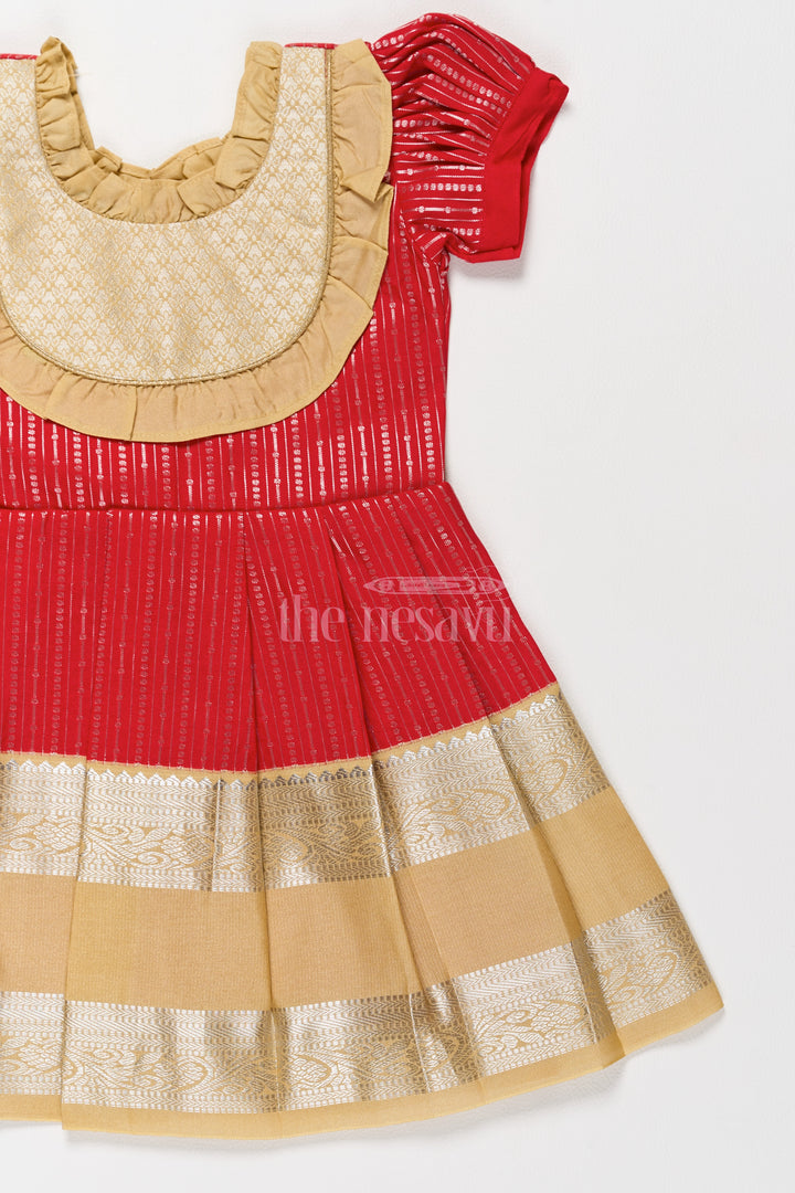 Festive Red Girls Kanchi Silk Frock with Radiant Golden Zari Border and Ruffled Yoke