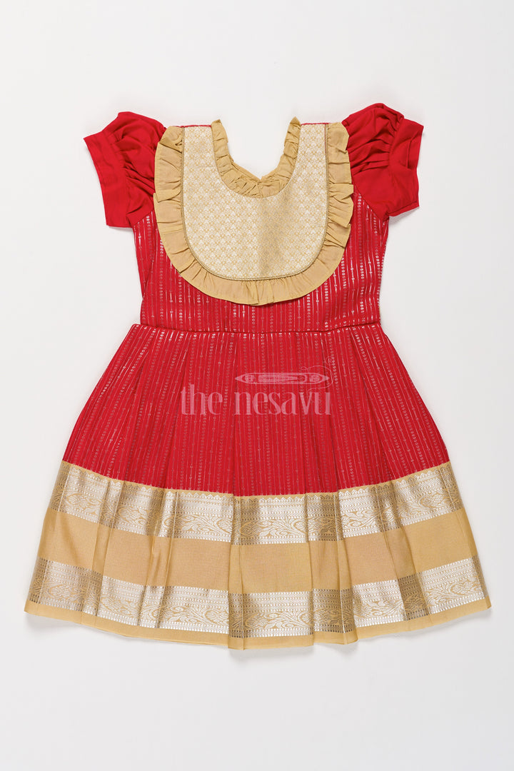 Festive Red Girls Kanchi Silk Frock with Radiant Golden Zari Border and Ruffled Yoke