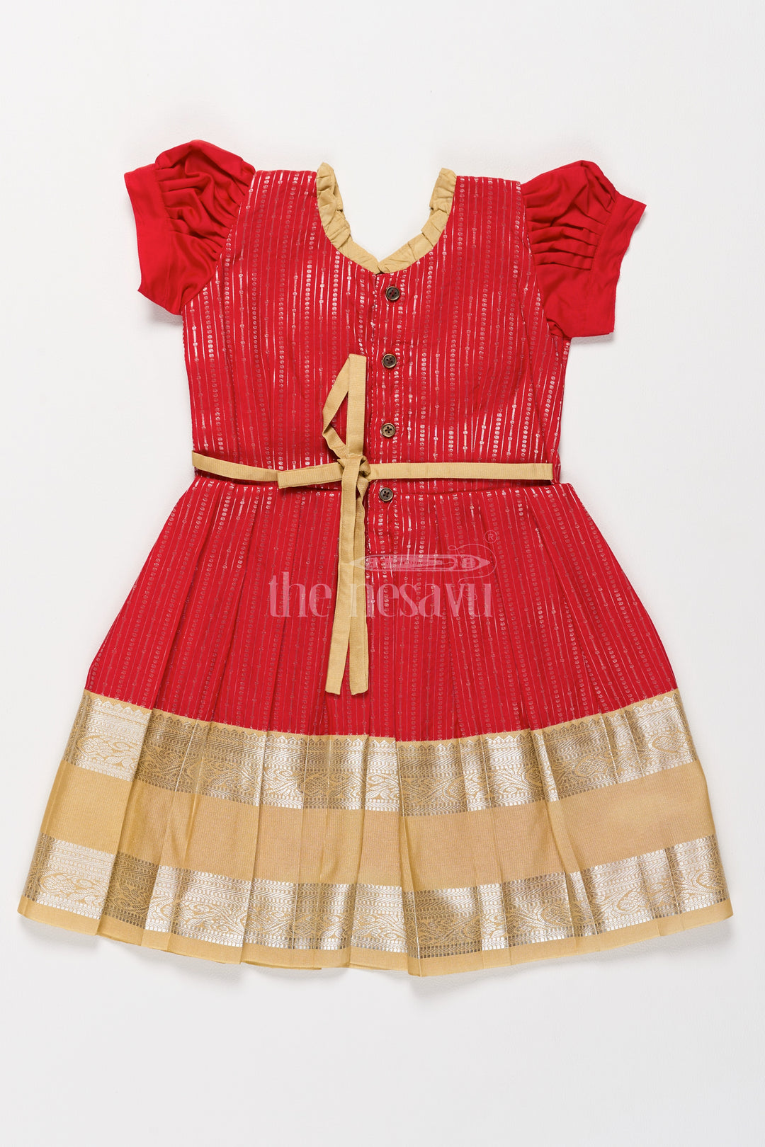 Festive Red Girls Kanchi Silk Frock with Radiant Golden Zari Border and Ruffled Yoke