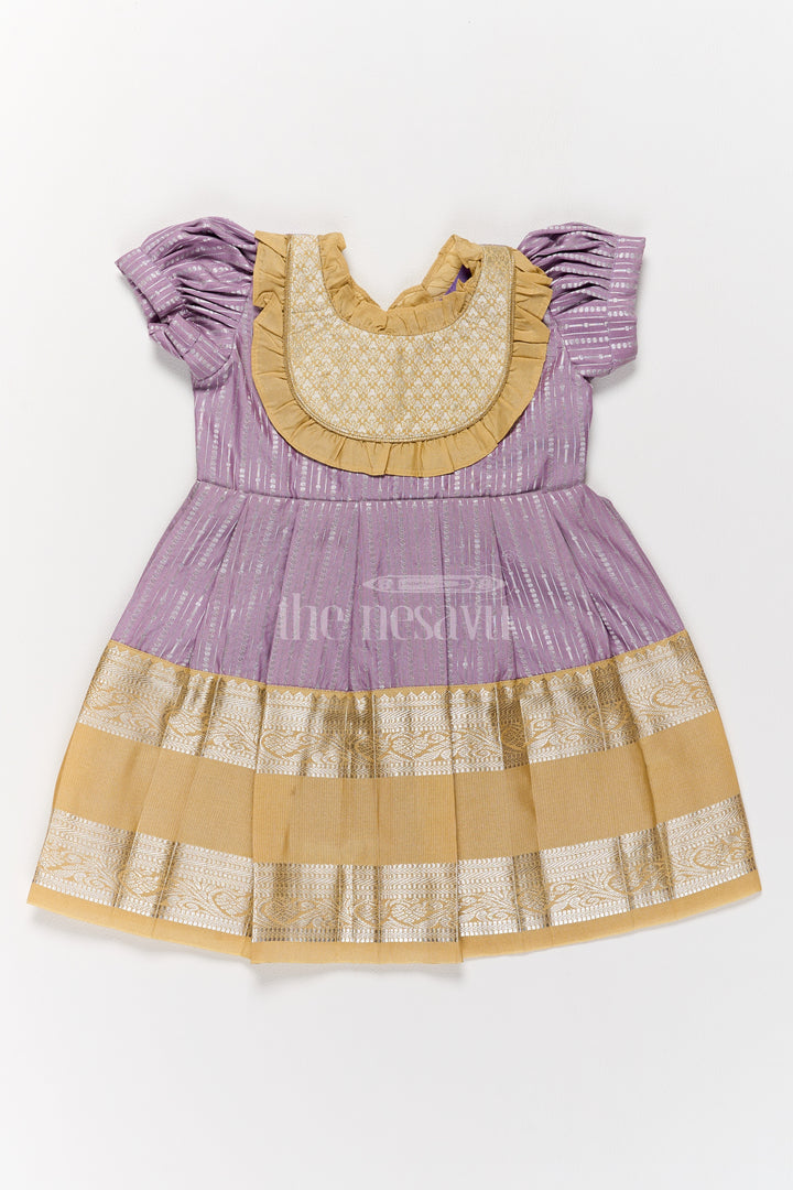 Regal Lavender Girls Kanchi Silk Frock with Gleaming Golden Zari Border for Pongal