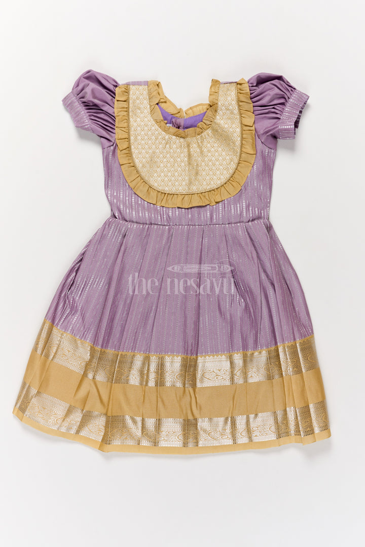 Regal Lavender Girls Kanchi Silk Frock with Gleaming Golden Zari Border for Pongal