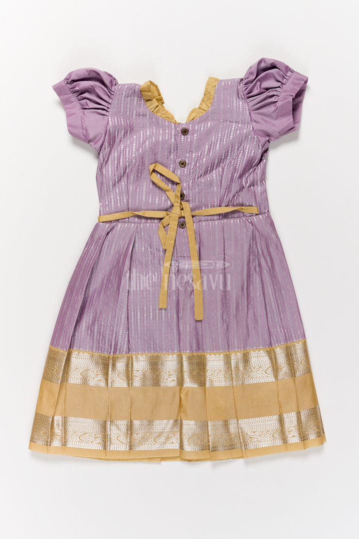 Regal Lavender Girls Kanchi Silk Frock with Gleaming Golden Zari Border for Pongal