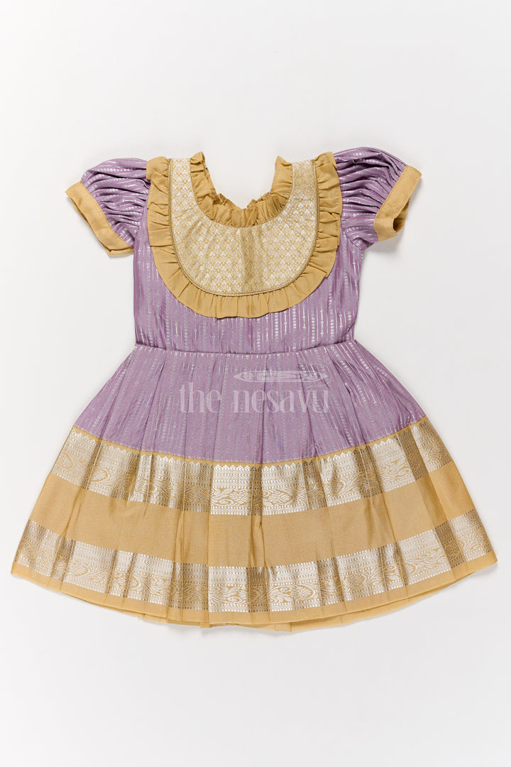 Regal Lavender Girls Kanchi Silk Frock with Gleaming Golden Zari Border for Pongal