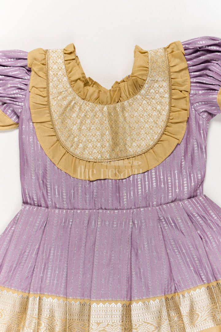 Regal Lavender Girls Kanchi Silk Frock with Gleaming Golden Zari Border for Pongal